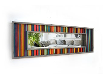 Red, Yellow, Purple and Teal Striped Reclaimed Wood Wall Mirror 16" x 48"