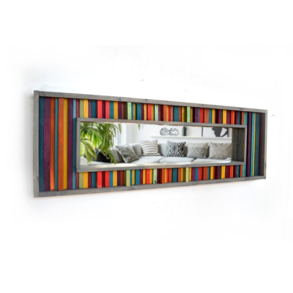 Red, Yellow, Purple and Teal Striped Reclaimed Wood Wall Mirror 16" x 48"
