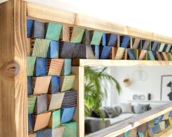 Blue Tide Handcrafted Reclaimed Wood Wall Mosaic Mirror - 48&quot; x 16&quot;