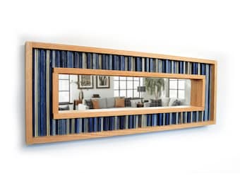 Modern Reclaimed Oak and Navy Blue Plywood Striped Wall Mirror - 45" x 16"