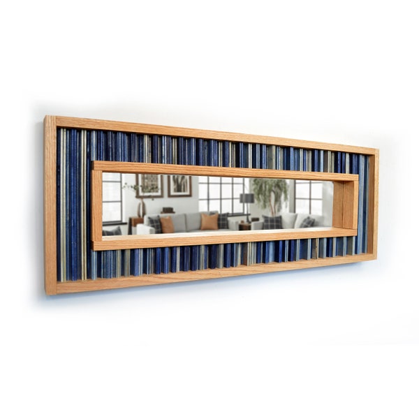 Modern Reclaimed Oak and Navy Blue Plywood Striped Wall Mirror - 45" x 16"