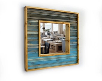 Deep Blue & Gray Reclaimed Wood Mosaic Mirror 30" x 30"