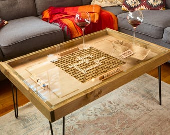 Rustic Scrabble Coffee Table with removable safety glass top - 25x37" - letter tiles included. 100% Made in the USA.