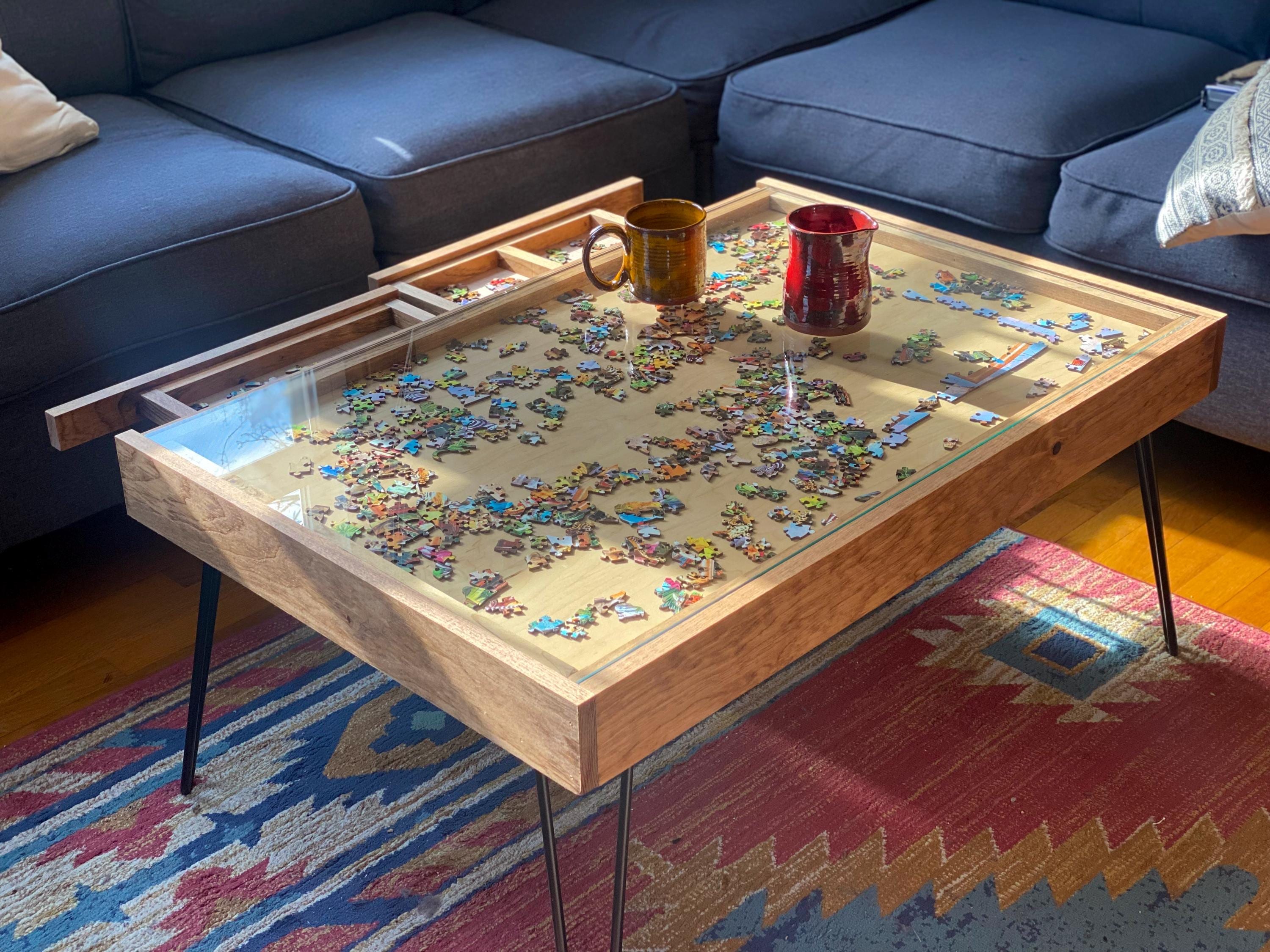 Rustic Puzzle Coffee Table With Removable Glass Top and Glass Storage ...