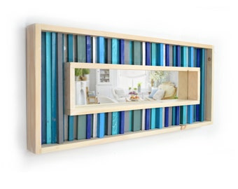 Turquoise and Teal Striped Reclaimed Wood Wall Mirror 40" x 17"