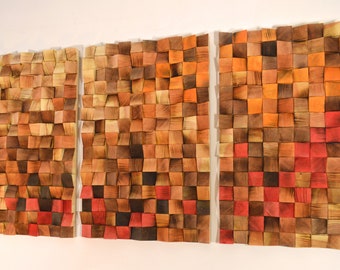 Red and Orange Stained Rustic Wood Wall Art Mosaic Sculpture - 3 Pieces totaling 23” x 45” - Made in the USA