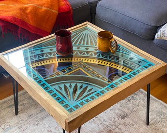 Turquoise, Aqua, and Bright Yellow Mandala Coffee Table - 100% Made in the USA - 25x25"