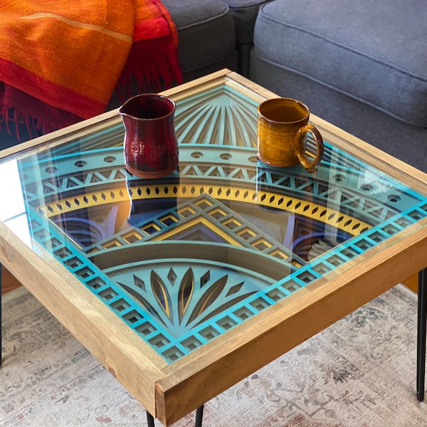 Turquoise, Aqua, and Bright Yellow Mandala Coffee Table - 100% Made in the USA - 25x25"