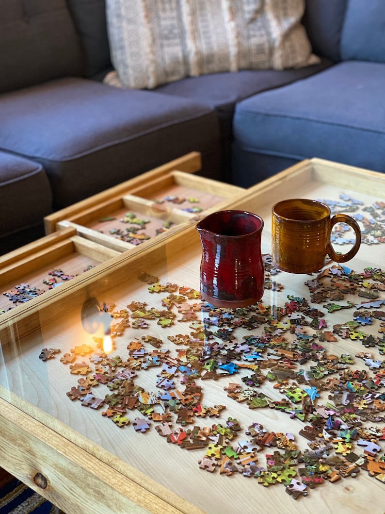 Rustic Puzzle Coffee Table with removable glass top includes 2 hidden drawers 24x36. 100% Made in the USA image 8