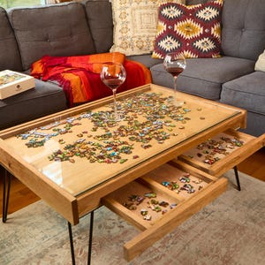 Rustic Puzzle Coffee Table with removable glass top - includes 2 hidden drawers - 24x36". 100% Made in the USA