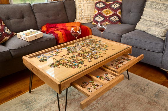 Rustic Puzzle Coffee Table with removable glass top includes 2 hidden drawers 24x36. 100 Made in the USA Etsy