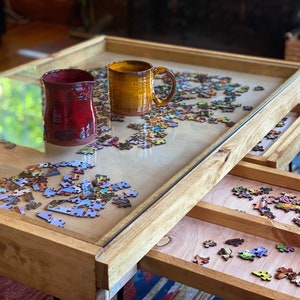 Rustic Puzzle Coffee Table with removable glass top includes 2 hidden drawers 24x36. 100% Made in the USA image 6