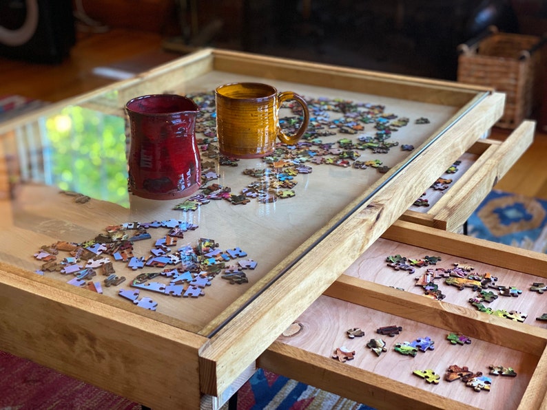 Rustic Puzzle Coffee Table with removable glass top includes 2 hidden drawers 24x36. 100% Made in the USA image 6