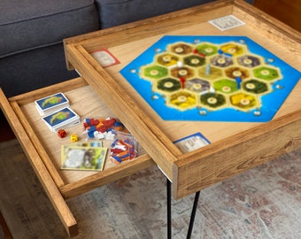 Rustic BYO Board Game Table and Puzzle Table with Removable Tempered Glass Top and Hidden Storage Drawer - Made in the USA. Measures 25x25"