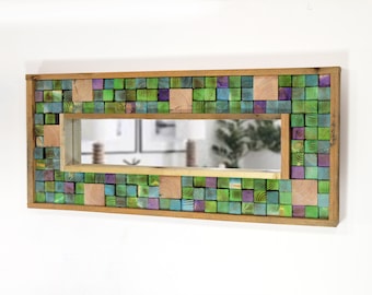 Rustic Reclaimed Wood and Woodburned Mirror 18"x41" - Deep blue, sea green and purple