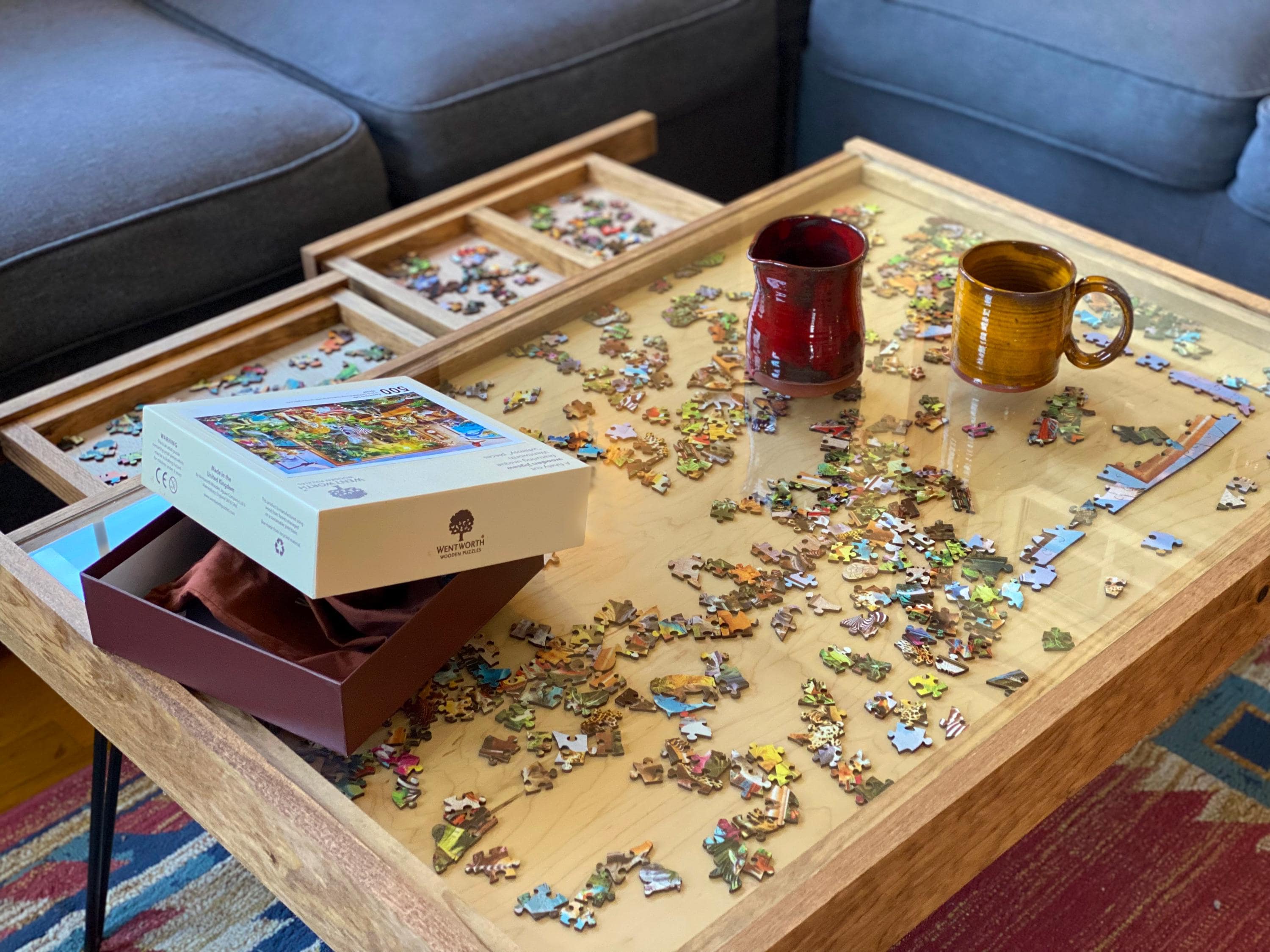 Rustic Puzzle Coffee Table With Removable Glass Top and Glass Storage ...