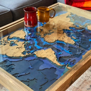 World Map Coffee Table with Ocean Bathymetric Layers - 24x36" - 100% Made in the USA