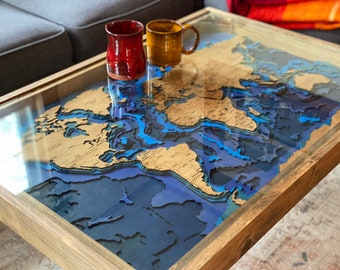 World Map Coffee Table with Ocean Bathymetric Layers - 24x36" - 100% Made in the USA