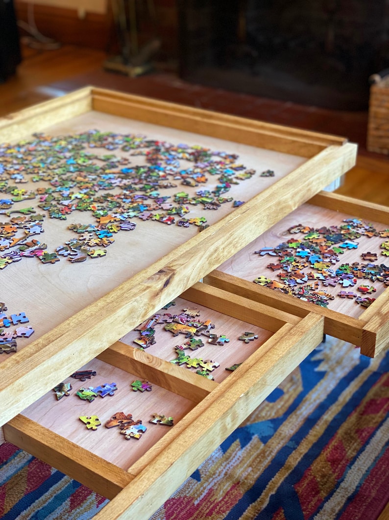 Rustic Puzzle Coffee Table with removable glass top includes 2 hidden drawers 24x36. 100% Made in the USA image 5