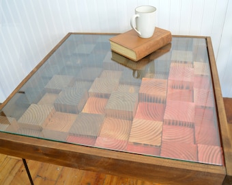 Red, Orange and Rich Wood Stained Rustic 25"x25" Wood Mosaic Coffee Table - 100% Made in the USA
