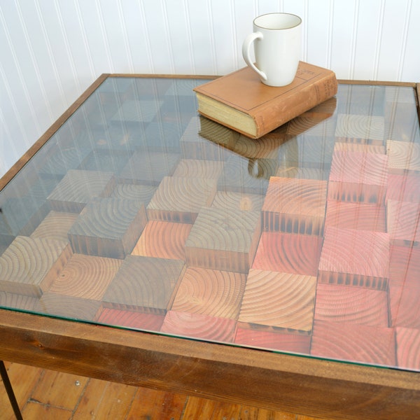 Red, Orange and Rich Wood Stained Rustic 25"x25" Wood Mosaic Coffee Table - 100% Made in the USA