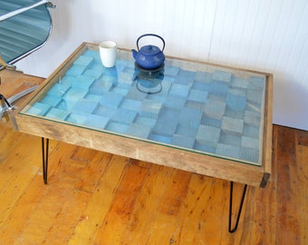 Bright Blue Gradient Rustic 24"x36" Wood Mosaic Coffee Table - 100% Made in the USA