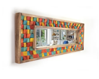 Rainbow Handcrafted Reclaimed Wood Wall Mosaic Mirror - 48" x 16"