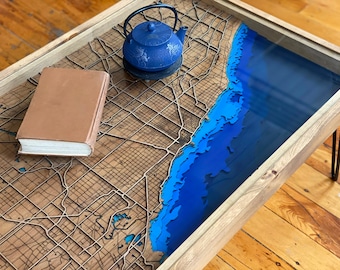 Handcrafted City Map Coffee Table - 100% Made in the USA. Choose your own city!