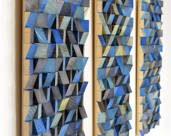 Stormy Ocean Reclaimed Wood Triptych Rustic Wall Art Mosaic Sculpture - 3 Panels totaling 23” x 36” - Made in the USA