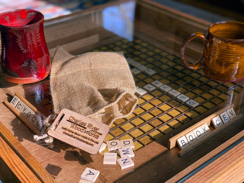 Rustic Scrabble Coffee Table with removable top letter tiles included. 100% Made in the USA image 3