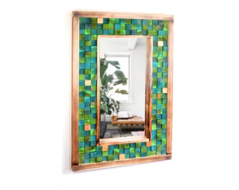 Sea Green and Turquoise Reclaimed Wood Woodburned Mirror 27"x41"