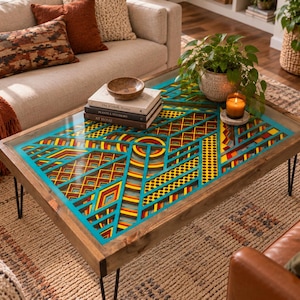 May include: A rectangular wooden coffee table with hairpin legs featuring a glass top over a multi-layered geometric art piece. The design includes intricate patterns in bright turquoise, yellow, and red, with stacked shapes and dotted textures.
