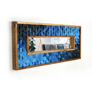 Bright Blue Gradient Reclaimed Wood Woodburned Mirror 40&quot; x 17&quot;