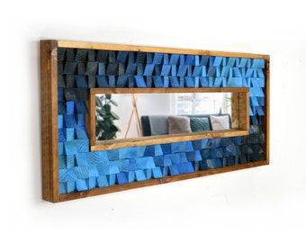 Bright Blue Gradient Reclaimed Wood Woodburned Mirror 40" x 17"