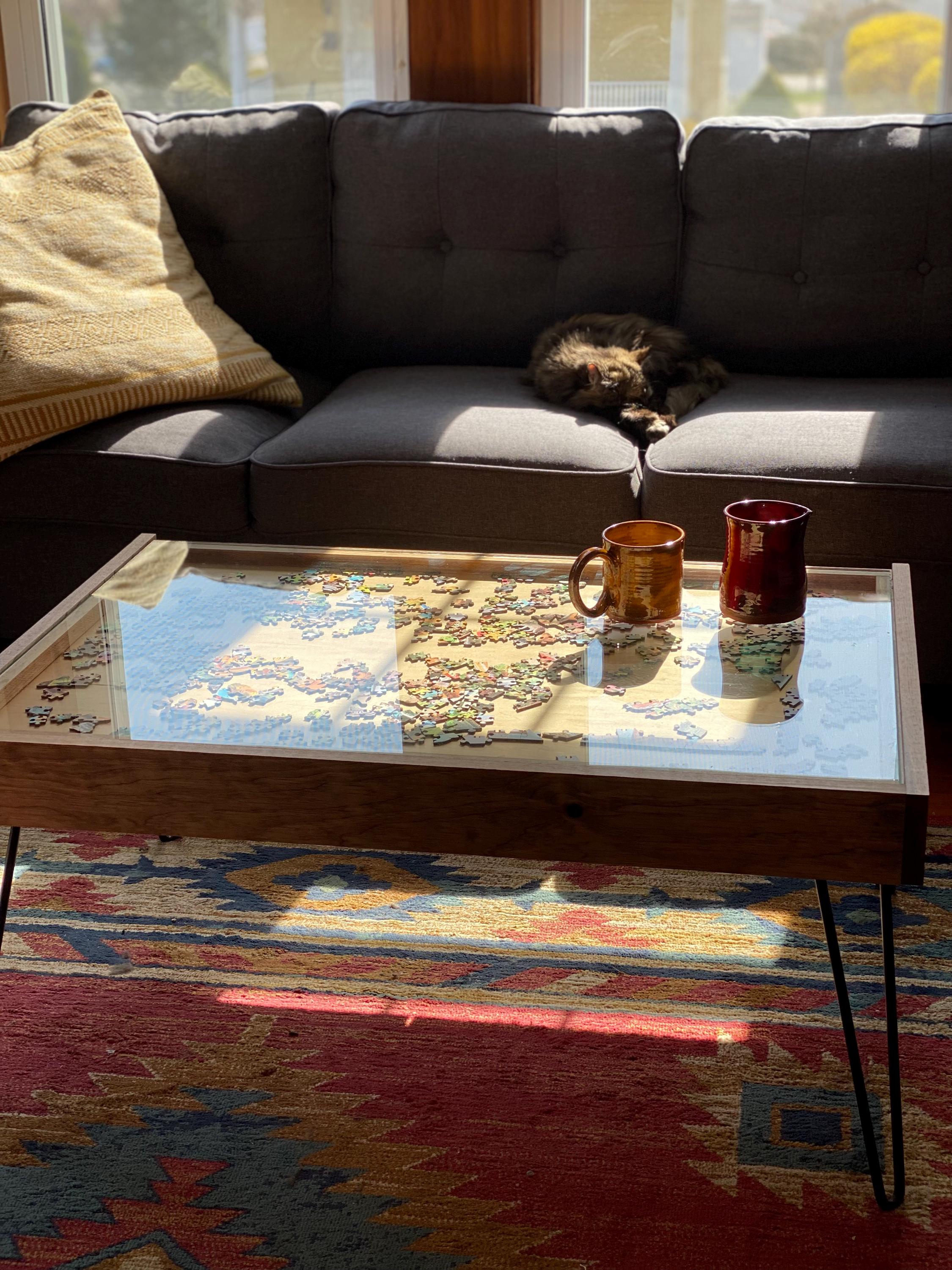 Rustic Puzzle Coffee Table With Removable Glass Top and Glass Storage ...