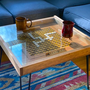 Rustic Scrabble Coffee Table with removable top letter tiles included. 100% Made in the USA image 1