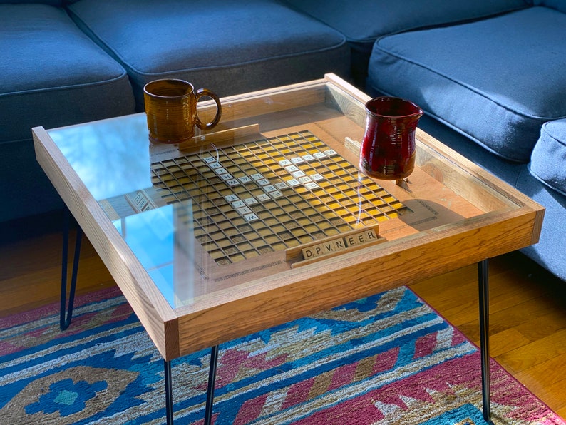 Rustic Scrabble Coffee Table with removable top letter tiles included. 100% Made in the USA image 1