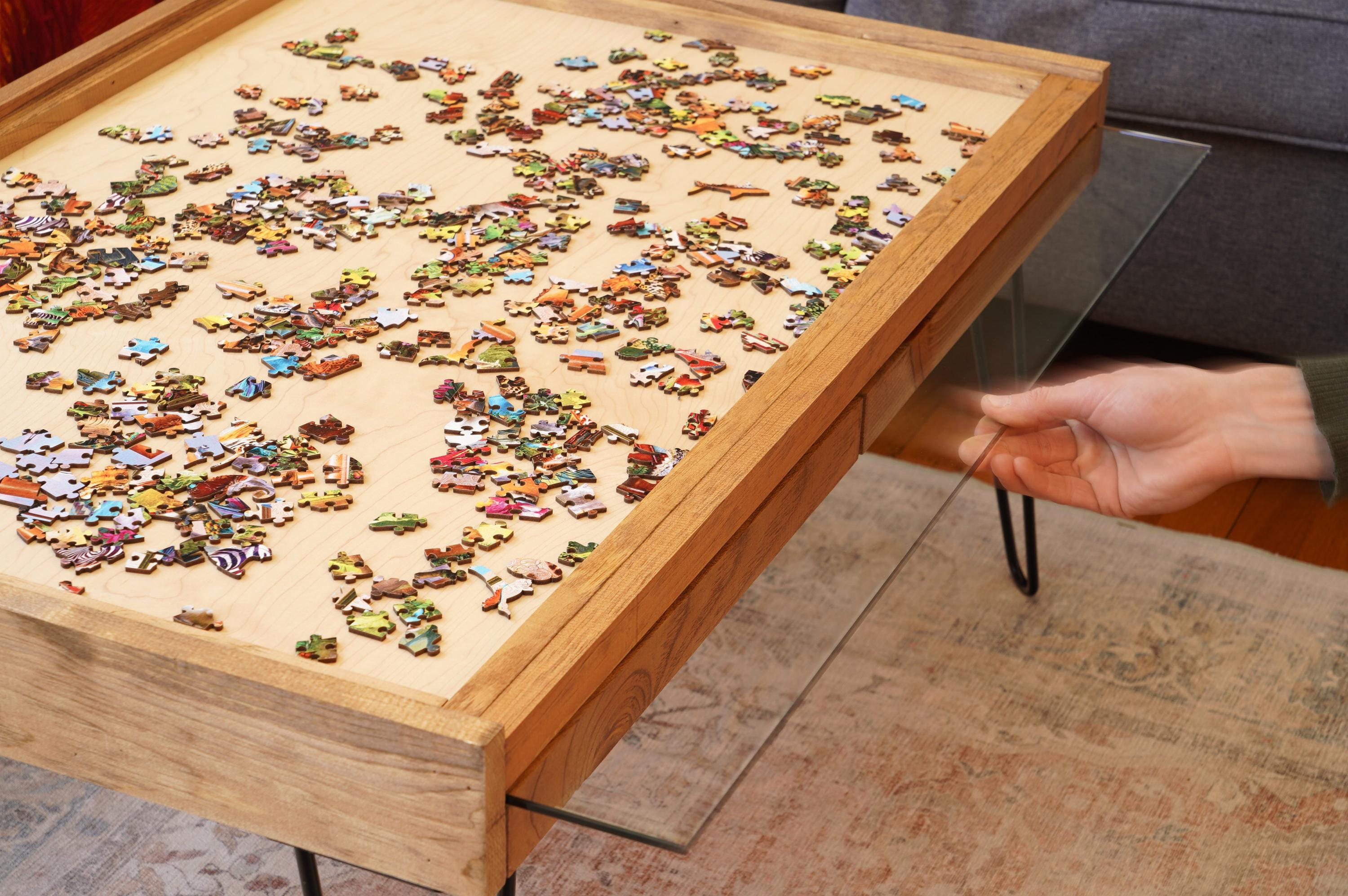 Rustic Puzzle Coffee Table With Removable Glass Top and Glass Storage ...