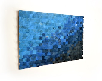 Bright Blue Gradient Rustic Wood Wall Art Mosaic Sculpture - 24"x36" Made in the USA
