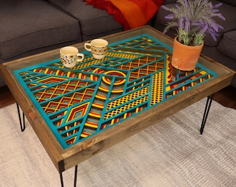 Turquoise, Yellow and Maroon Boho Open-bottom 24x36" Coffee Table with glass top and solid wood frame - 100% Made in the USA