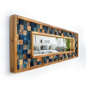 Blue, Charcoal Gray and Rusted Steel Handcrafted Reclaimed Wood Wall Mosaic Mirror - 48" x 16"