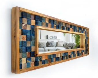 Blue, Charcoal Gray and Rusted Steel Handcrafted Reclaimed Wood Wall Mosaic Mirror - 48&quot; x 16&quot;