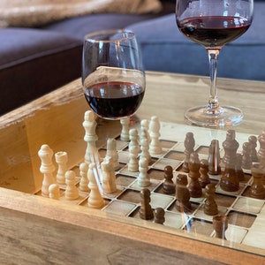 Rustic Chess and Checkers Table with removable glass top - chess and checkers pieces included. 100% Made in the USA