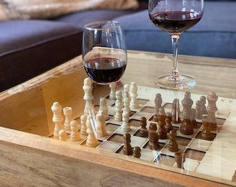 Rustic Chess and Checkers Table with removable glass top - chess and checkers pieces included. 100% Made in the USA