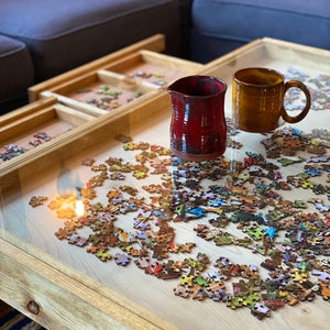 Rustic Puzzle Coffee Table with removable glass top includes 2 hidden drawers 24x36. 100% Made in the USA image 2