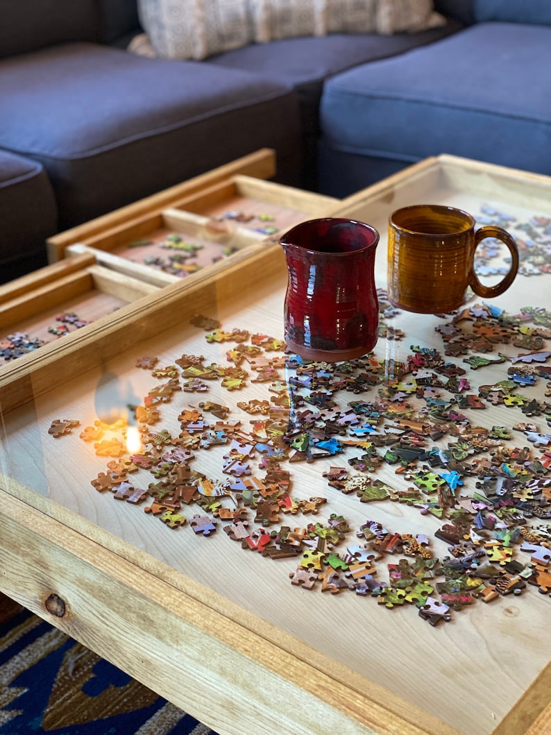 Rustic Puzzle Coffee Table with removable glass top includes 2 hidden drawers 24x36. 100% Made in the USA image 2