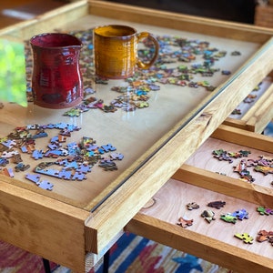 Rustic Puzzle Coffee Table with removable glass top includes 2 hidden drawers 24x36. 100% Made in the USA image 3