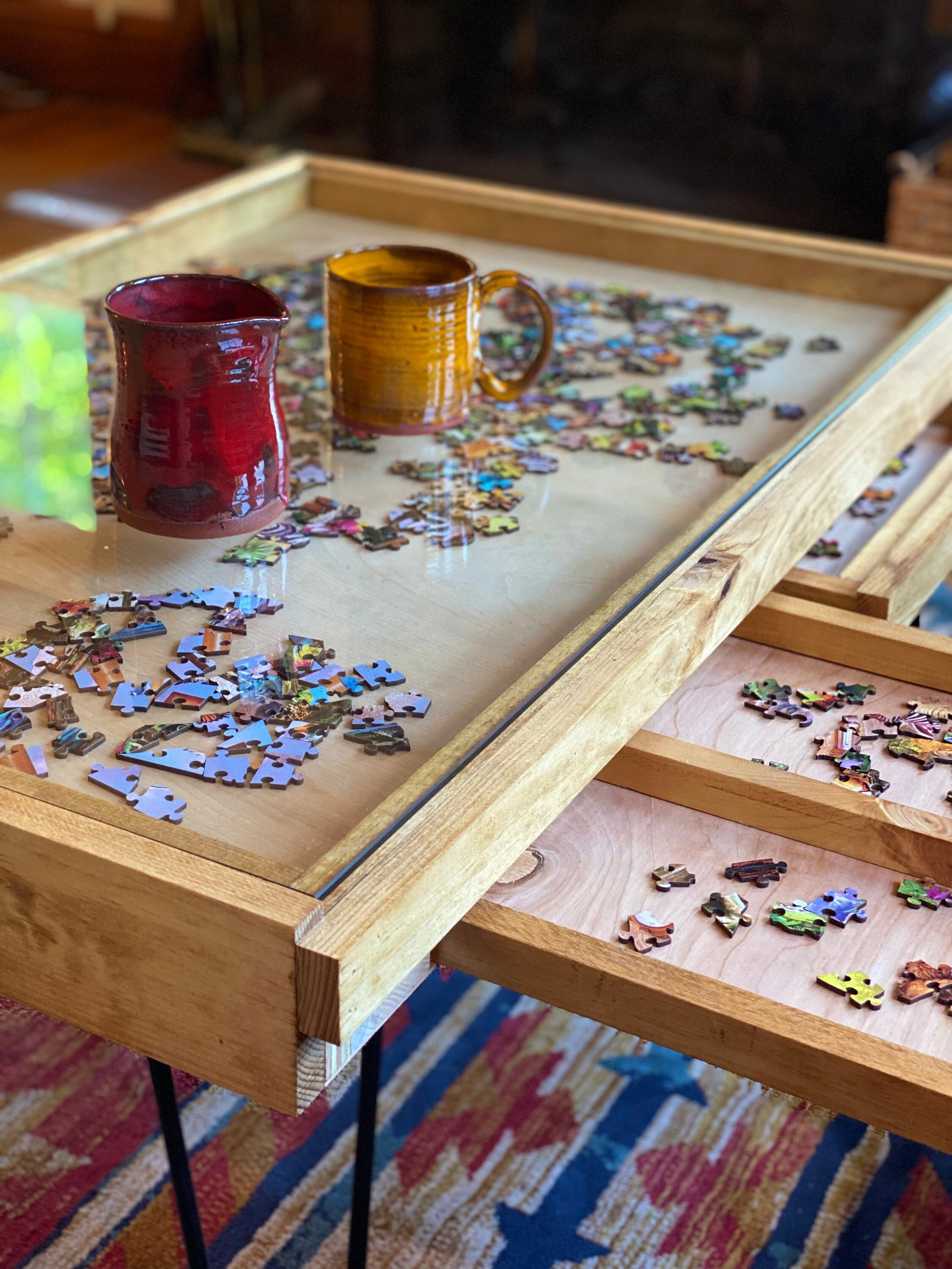Rustic Puzzle Coffee Table With Removable Glass Top Includes 2