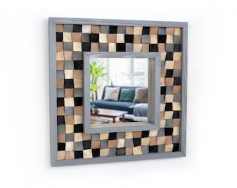 Gray, Black and Beige Reclaimed Wood Mosaic Mirror 25" x 25"