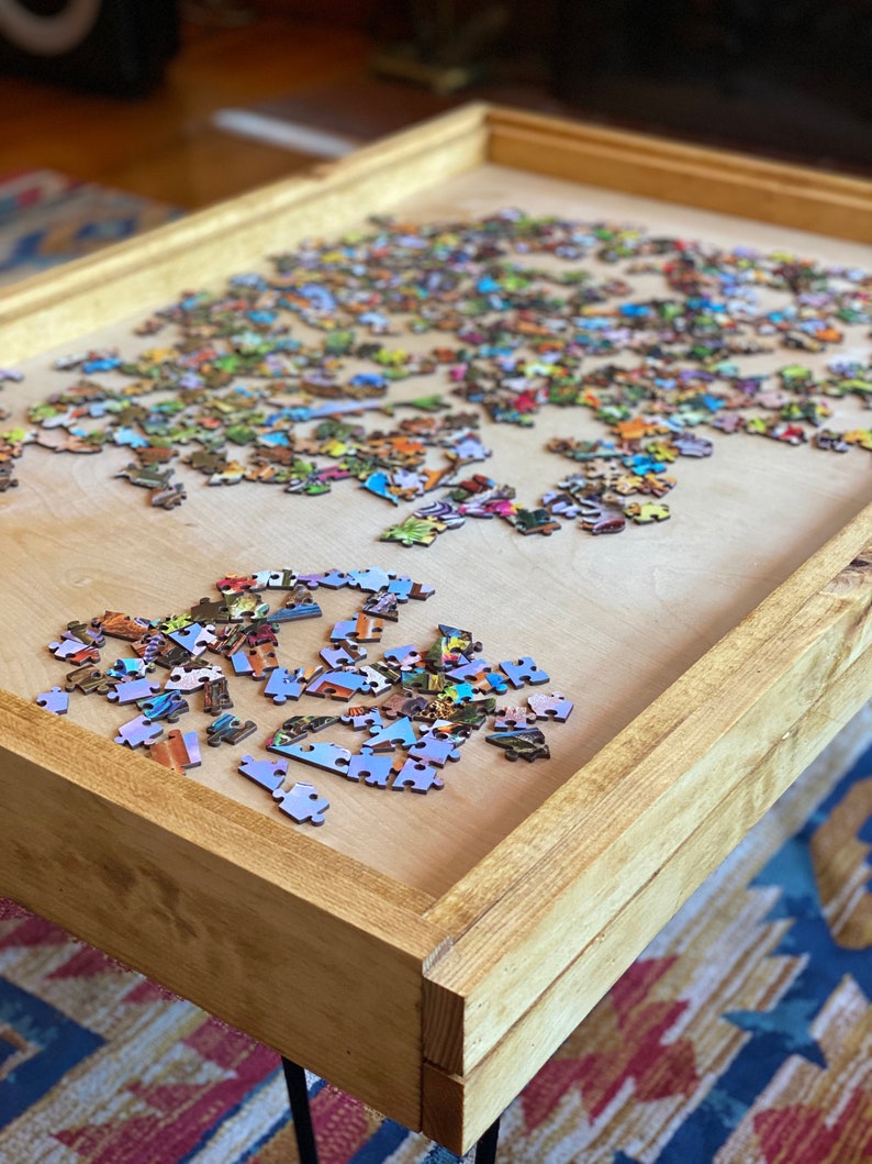 Rustic Puzzle Coffee Table with removable glass top includes 2 hidden drawers 24x36. 100% Made in the USA image 10